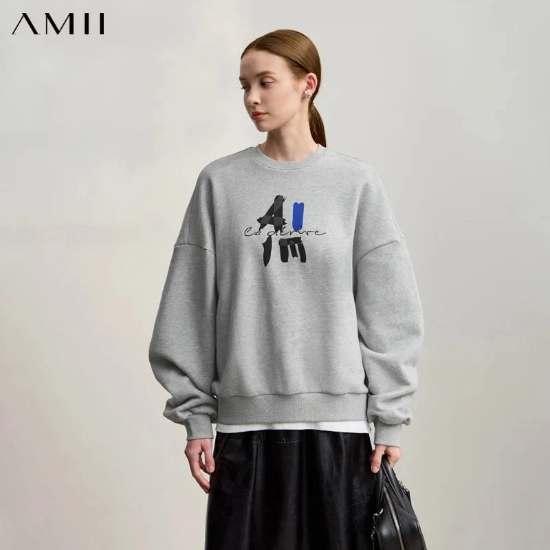 AMII Hoodies Woman 2026 Winter New Casual Round Neck Versatile Sweatshirts Woman Cotton Long Sleeve Letter Printing Top 12544181