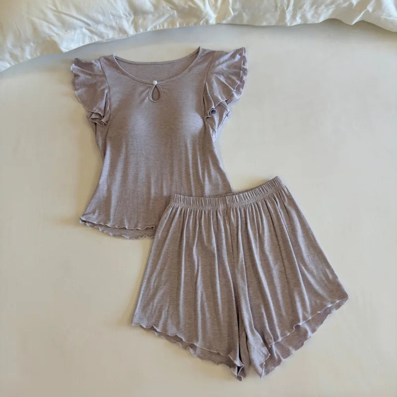 2026 Summer Women's Pajamas Home Wear Soft Short Sleeve and Shorts Sleepwear Sets Woman 2 Piece Solid Color Night Wear Female