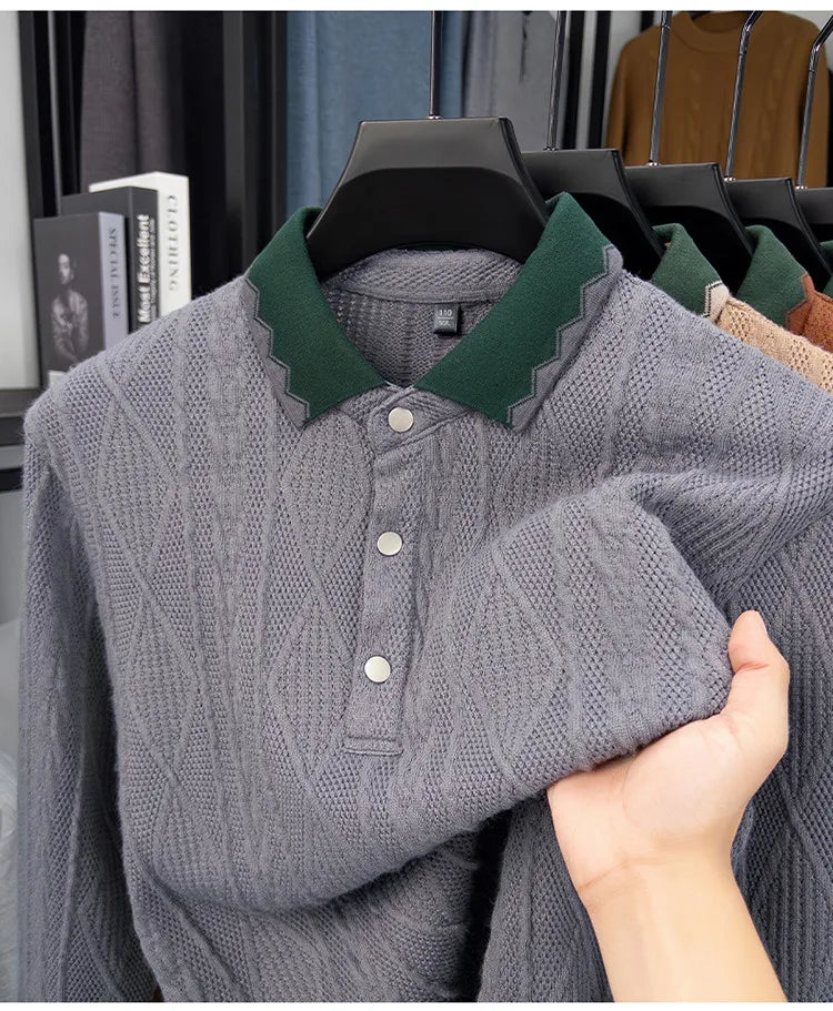 Men's Jacquard Knit Polo Shirt with Color-Blocked Collar - Premium Fabric, Fine Stitching for Business Casual Wear