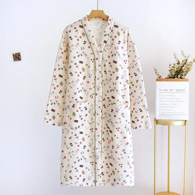 Air Layer Cotton V-Neck Cardigan Dress Long Sleeve Women's Autumn Winter Nightdress Loose Thicken Warm Nightgowns Female