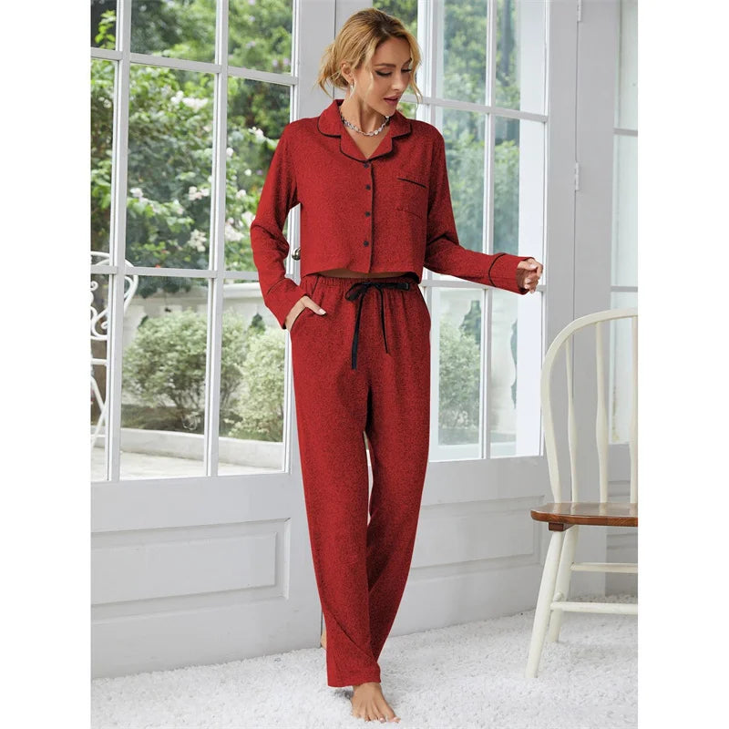 European Women's Sleepwear Suit Autumn Winter Long Sleeved Cardigan Pants Two-piece Set Home Pajamas Female Sleeping Clothes