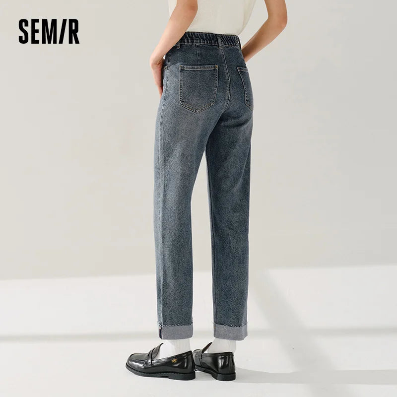 Semir Soft Jeans Women Raw Hem Straight Leg Egg Roll Pants Leg Slimming Trousers 2026 Spring Fashion Casual Bottoms