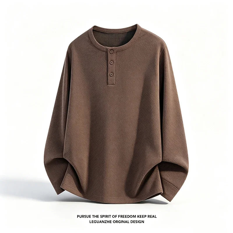 Mens Button Notch Henley Pullover Long Sleeve Waffle Knit Fabric Loose Fit For Daily And Casual Occasions