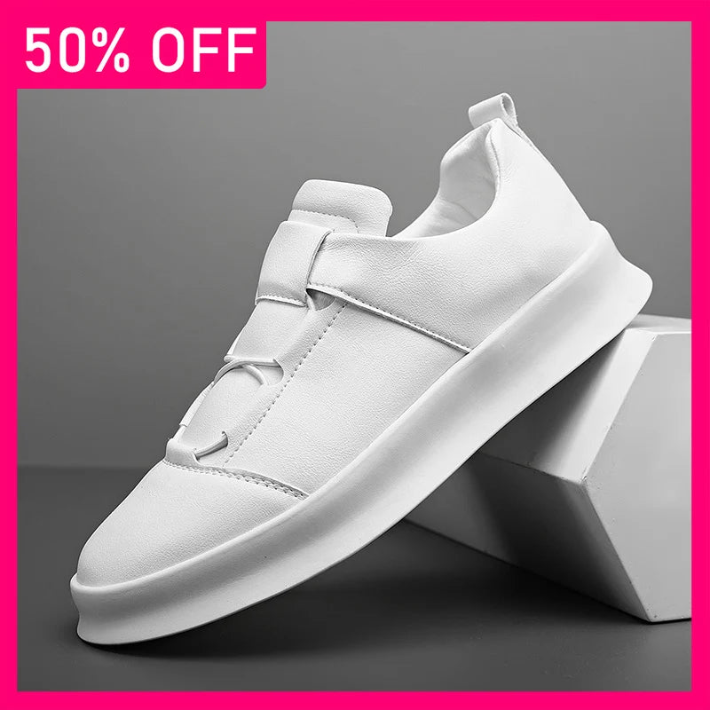 Mens Board Shoes New Low Cut Leather Lace Up Casual Shoes Anti Slip Soft Sole Cosy Breathe Versatile Commuting White Sneakers