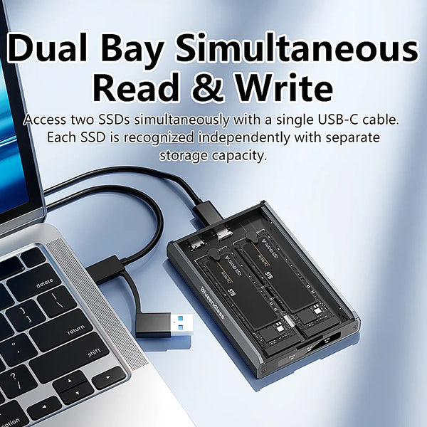ប្រអប់ដាក់ SSD ខាងក្រៅ Blueendless Dual Bay M.2 NVMe SSD ប្រភេទ USB3.2 Gen2 10Gbps Type-C 2230 2242 2260 2280 ធ្វើពីអាលុយមីញ៉ូម