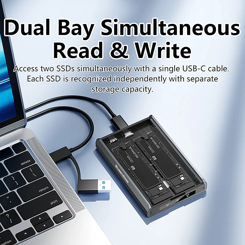 ប្រអប់ដាក់ SSD ខាងក្រៅ Blueendless Dual Bay M.2 NVMe SSD ប្រភេទ USB3.2 Gen2 10Gbps Type-C 2230 2242 2260 2280 ធ្វើពីអាលុយមីញ៉ូម