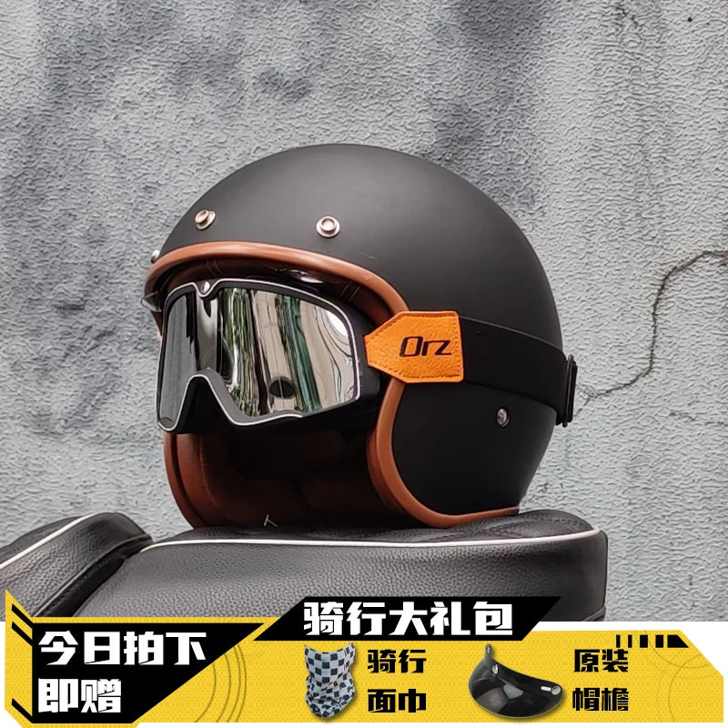 Latest Retro Motorcycle Helmet Open Face 3/4 Chopper Bicycle Helmet Capacete with Lens DOT Approved orz-060