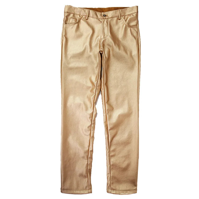 New Fall Collection: Men's Purple PU Pants—Fitted Faux Leather Motorcycle Trousers Available in Black,Blue,Green,Red,Gray,Khaki.