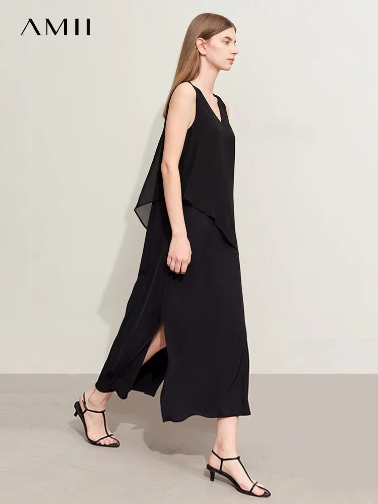 រ៉ូប Amii Minimalism 2026 សម្រាប់នារី រដូវក្ដៅ រចនាបថវិស្សមកាលថ្មី ក V ដេរភ្ជាប់ជាមួយក្រណាត់ Chiffon ស្រី ដៃខ្លី រ៉ូបរលុង 12452102