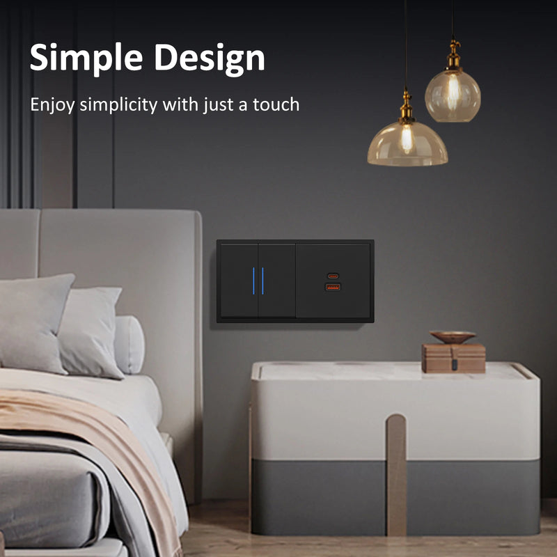 BSEED 1/2Gang 1Way Button Light Switch With 65W USB Type-C Fast Charge Socket Plastic Frame With LED Indicator Dimmer Switch