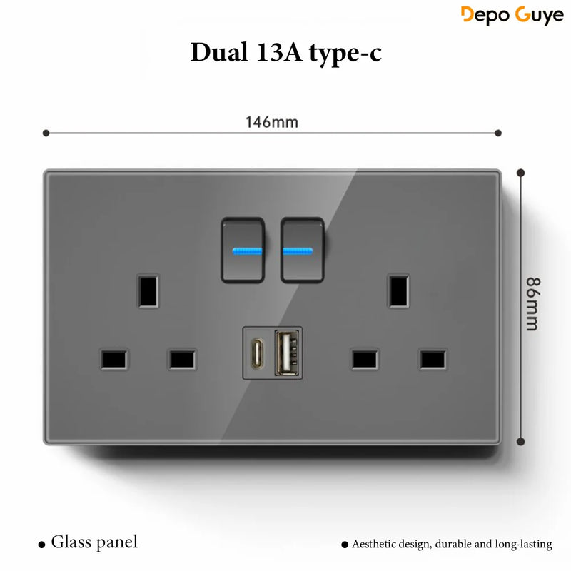 Grey Tempered Glass UK Standard 13A Wall Switch Socket with LED USB Type-C TV CAT6 Data Outlet British Electrical Wall Panel