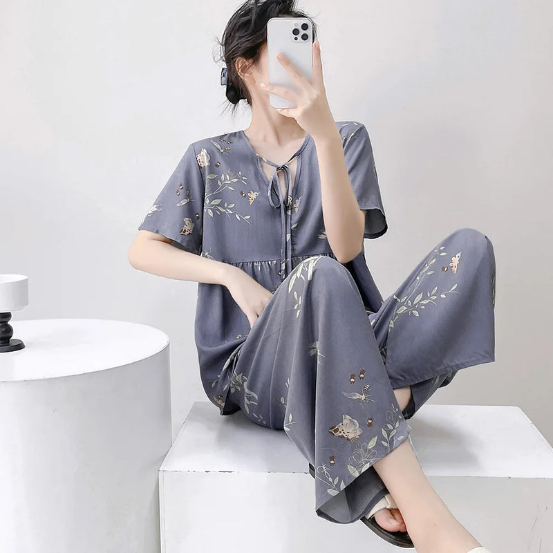 Women’s Summer Pajamas 2 Piece Sets Night Wear for Ladies Short Sleeve Sleepwear Homewear Floral Sleeping Wear for Woman Pijama