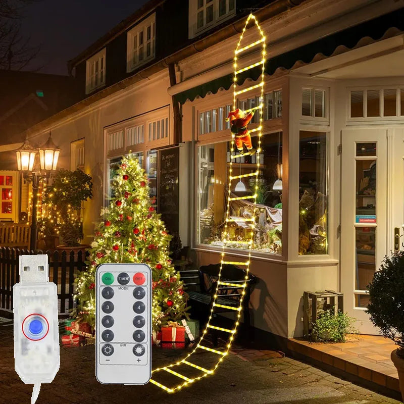 ភ្លើងតុបតែងបុណ្យណូអែល LED ខ្សែភ្លើងជណ្ដើរជាមួយសាន់តាក្លូសឡើងភ្នំគ្រឿងតុបតែងបុណ្យណូអែលសម្រាប់ពិធីជប់លៀងជាមួយរបៀបភ្លើងចំនួន ៨