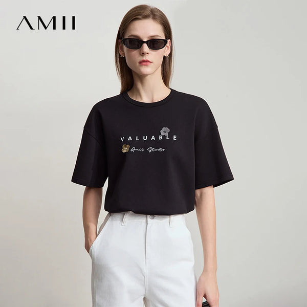 អាវយឺត Amii នារី ម៉ូដសាមញ្ញបំផុត រដូវក្តៅ ឆ្នាំ២០២៦ កអាវ O បីវិមាត្រ ប៉ាក់អក្សរផ្កា រំយោល បោះពុម្ព 12512012