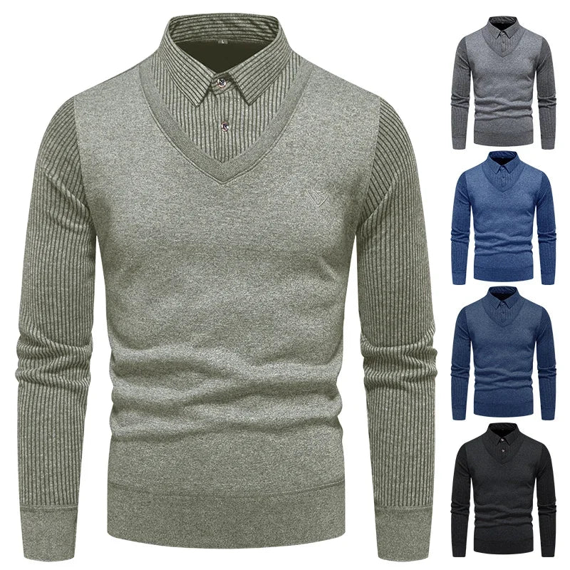 All Season Male Fake Two Piece Long Sleeve Top V Neck Fake Waistcoat Stripe Detail Lapel Collar Embroidered Decor