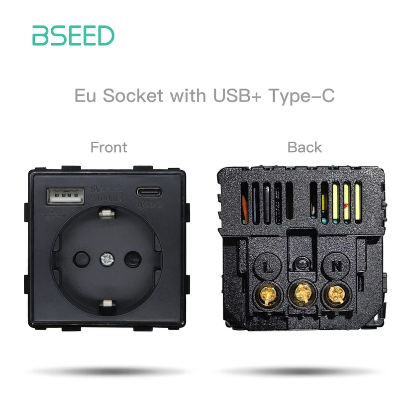 BSEED Wall Light Switch 1/2/3Gang 1/2Way Wall Electrical Outlet USB Type-C Charge Port Function Plastic Frame DIY Combination