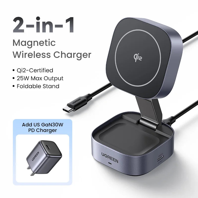 UGREEN Qi2 15W Magnetic Wireless Charger Stand 2-in-1 Charging Stand For iPhone 16 17 Pro Max/AirPods For MagSafe Fast Charger