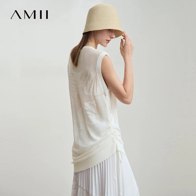 AMII Casual Loose Long Tank 2026 Summer Thin Office Lady Simple Solid O-Neck Pullovers Women Sleeveless Knit Vest Tops 12542240