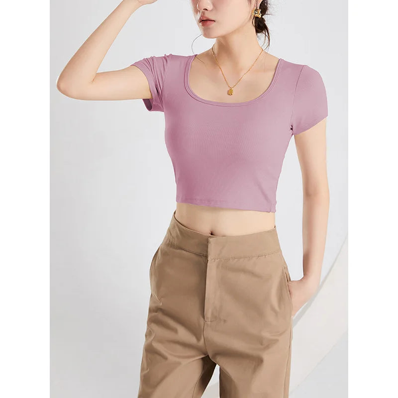 New Square Collar Bra Cup Integrated Slim Modal Sleepwear Vest One Piece Pajamas Women Comfortable Bottom Short Sleeve T-shirt