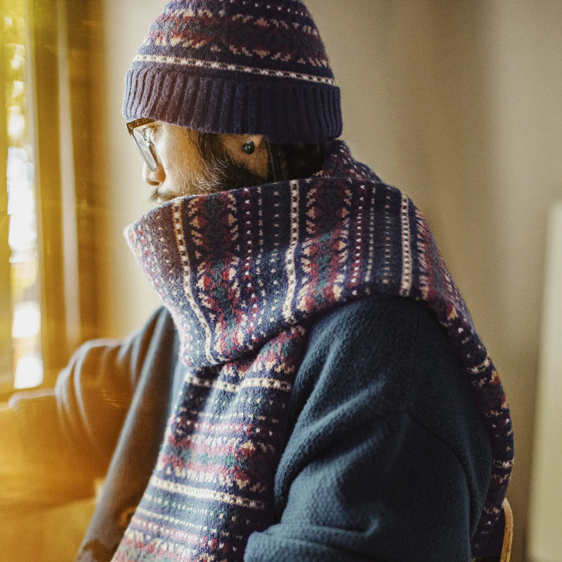 Maden Vintage Fair Isle Scarf & Beanie Set Windproof Hat Knit Pattern Scarf Wram Knit Unisex Winter Accessories Perfect Gift