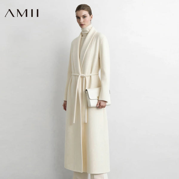 Amii Double-Faced Wool Alpaca Blend Belted Long Coat Elegant Slimming Minimalist 2026 Winter Women Winter Coat 12624042