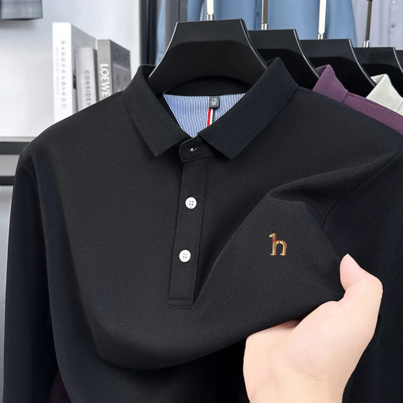 High Quality Men Long Sleeved Polo Shirt Lapel Button Exquisite Embroidery Not Deformed Autumn Winter Business Casual Men's Wear