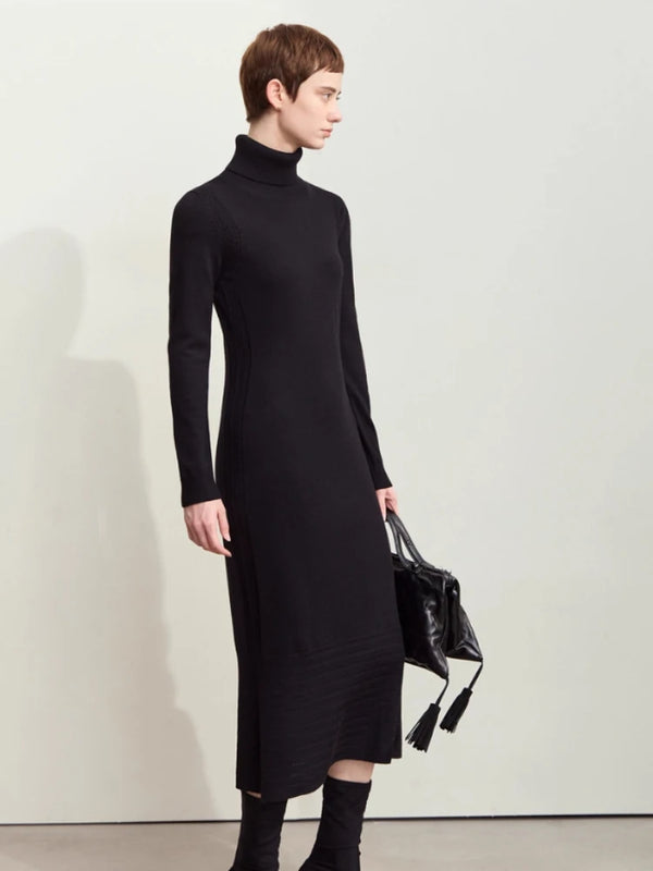 AMII Dresses for Woman 2026 Winter New Knitted Long Sleeves Women's Clothing Solid Elegant Thin Turtleneck Dress Ladies 12444163