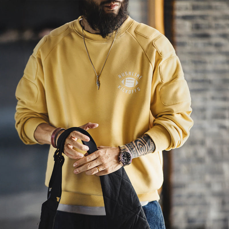 Maden Men's Fleece-Lined Crew Neck Sweatshirt Thickened Warm Pullover Loose Fit Casual Top for Autumn and Winter Layering Hoodie