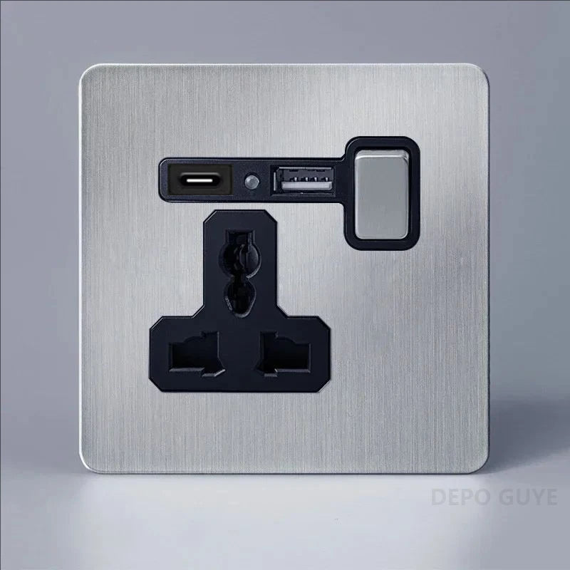 Retro EU France Socket Stainless Steel Brushed Double Power Outlet Toggle Metal Lever 1-4 Gang 2Way Wall Light Switch Panel RJ45