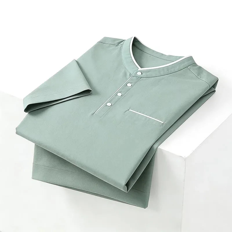 2026 New Men's Navy Blue Stand Collar Long Sleeve Polo Shirt Office Business Commute Top