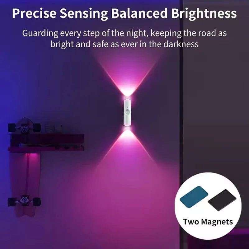 LED Night Light with Motion Sensor Double-head Magnetic Wall Lamp Rechargeable RGB/3-Color Adjustable for Cabinet Hallway Stair