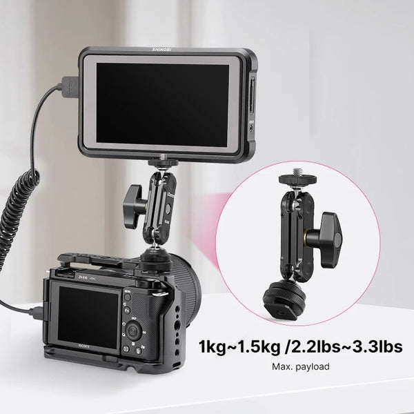 Ulanzi R098 ក្បាលបាល់ពីរជាន់ Magic Arm ជាមួយ Cold Shoe Mount វីស 1/4 អ៊ីញ សម្រាប់កាមេរ៉ា DSLR ម៉ូនីទ័រ មីក្រូហ្វូន វីដេអូ ភ្លើង Super Clamp