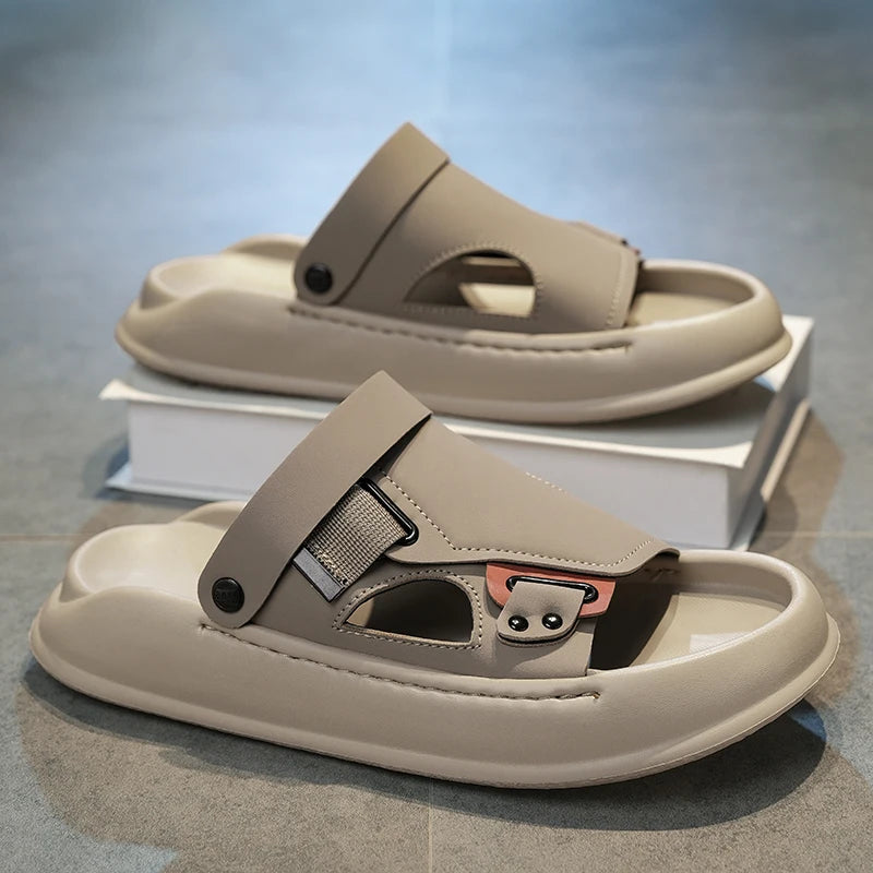 Men's casual Solid Color One strap slide slippers summer new breathable lightweight soft sole slip on outdoor beach walking shoe