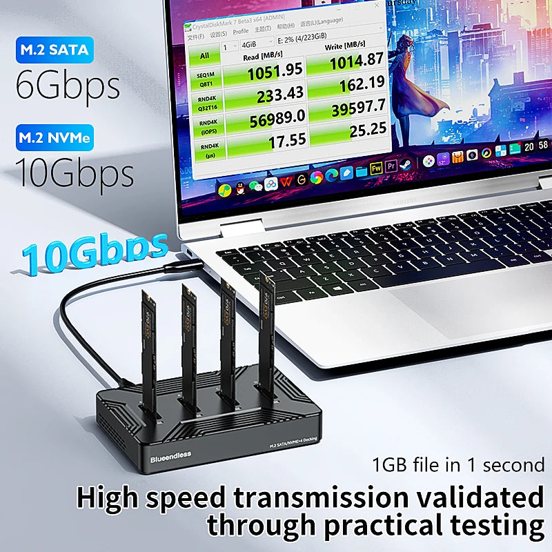 ស្ថានីយ ចត SSD m2 ទំហំ 4 bay ប្រភេទ C របស់ Blueendless USB3.1 10Gbps m.2 NVME SATA ngff dual protocol ប្រអប់ SSD ធ្វើពីអាលុយមីញ៉ូម