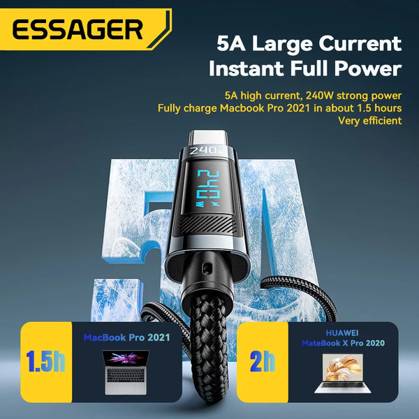 ខ្សែសាក Essager 240W USB Type C ទៅ USB C 100W PD 3.1 សាកលឿនសម្រាប់ Macbook Pro Xiaomi Samsung Laptop USBC Cord 2M