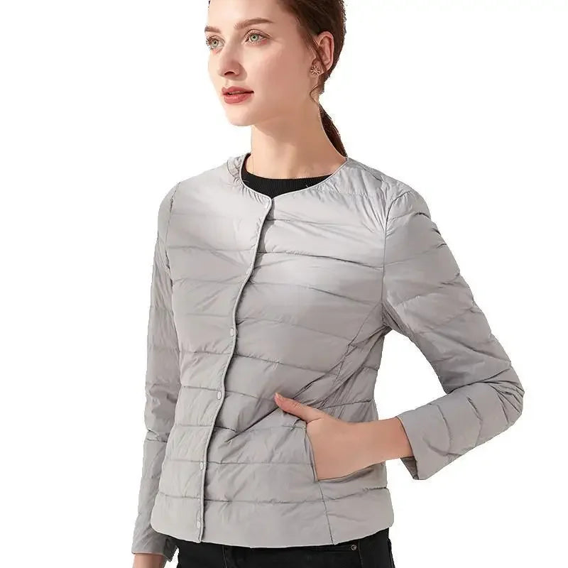 Winter Red Light/Thin Women's Round Neck Long Sleeve Jacket, White Blue Gray Khaki Available, Asian Size S-3XL Female Coat