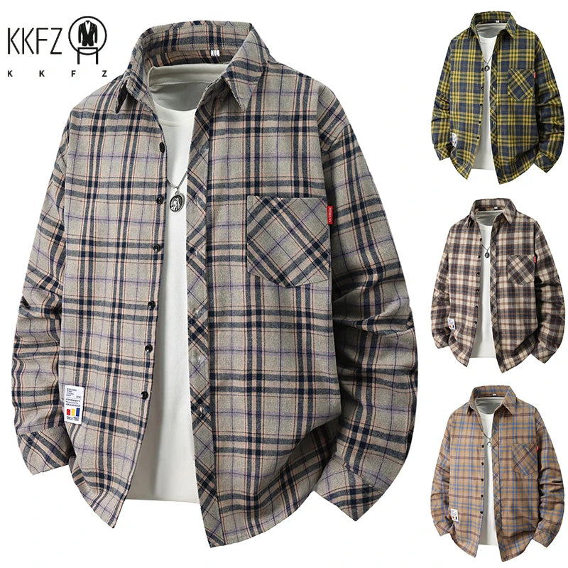 Soft Breathable Check Pattern Shirt Loose Fit Turn Down Collar Pocket Label Autumn Daily Men Casual Outer Blouse