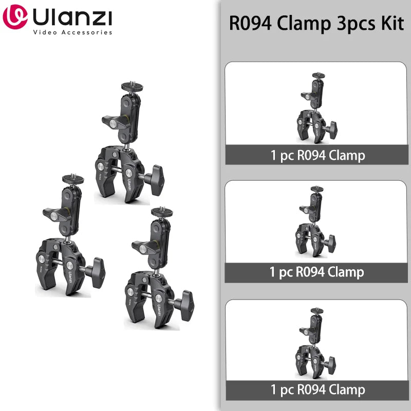 Ulanzi R094 ក្ដាប់ដែកខ្លាំងជាមួយក្បាលបាល់ពីរ ក្ដាប់ដៃវេទមន្ត ជាមួយរន្ធ 1/4" 3/8" សម្រាប់កាមេរ៉ា DSLR ម៉ូនីទ័រ ភ្លើង ម៉ោនមីក្រូហ្វូន