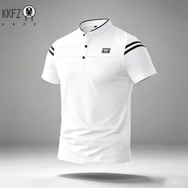 Mens Basic Stand Collar Short Sleeve Polo Top Sleeve Stripes Suitable For Vacation Short Trip And Multiple Leisure Scenes
