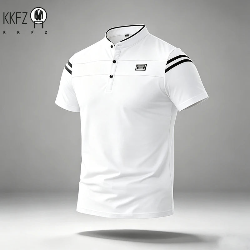 Mens Basic Stand Collar Short Sleeve Polo Top Sleeve Stripes Suitable For Vacation Short Trip And Multiple Leisure Scenes