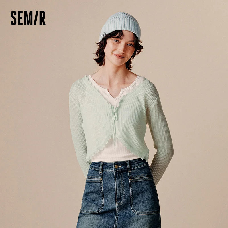 Semir Women Cardigan Short Slim V Neck Knitwear Soft Sweet Style Clean Autumn Layering Sweater Fresh Daily Wear 2026