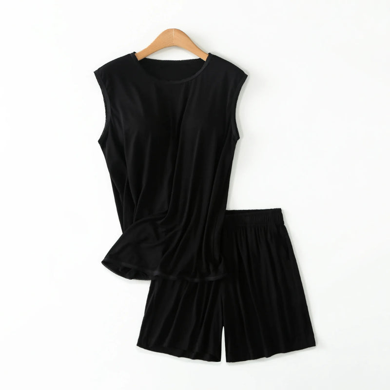 ឈុត Pijama Feminino ថ្មី អាវកាក់គ្មានដៃ ខោខ្លី ឈុតគេងធម្មតា សម្រាប់ស្ត្រី ឈុតគេងសម្រាប់ស្ត្រី ឈុតគេងសម្រាប់ស្ត្រី