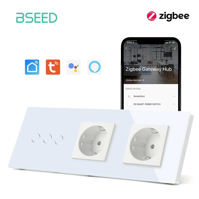 BSEED Tuya Zigbee Smart Switch 1/2/3Gang 1/2/3Way No Neutral Wall Touch Switch Smart Home Control EU Power Socket Without Wifi