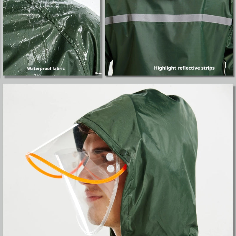 ខ្សែក្រវ៉ាត់ក្រណាត់ Polyester កាវ PVC កម្រិតការពារភ្លៀង អាវភ្លៀងមួយដុំសម្រាប់ជិះក្រៅផ្ទះ