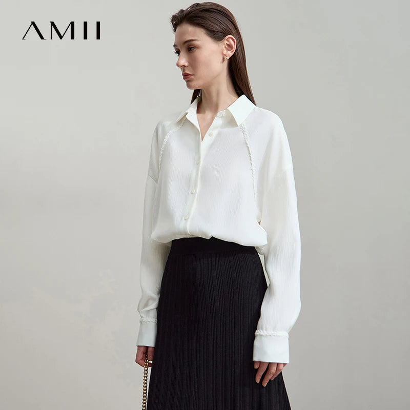 អាវ AMII រចនាបែប Minimalism រដូវស្លឹកឈើជ្រុះឆ្នាំ ២០២៥ អាវថ្មីសម្រាប់នារីការិយាល័យ អាវរលុង ស្មាទម្លាក់ រោមចៀម ដៃវែង អាវធម្មតា 12523099