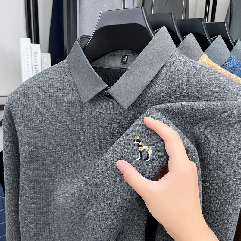 Luxury Men Long Sleeved Fake Two-Piece Knitted Sweater Fleece-Lined Thickened Embroidery Contains Wool Winter Keep Warm Sweater