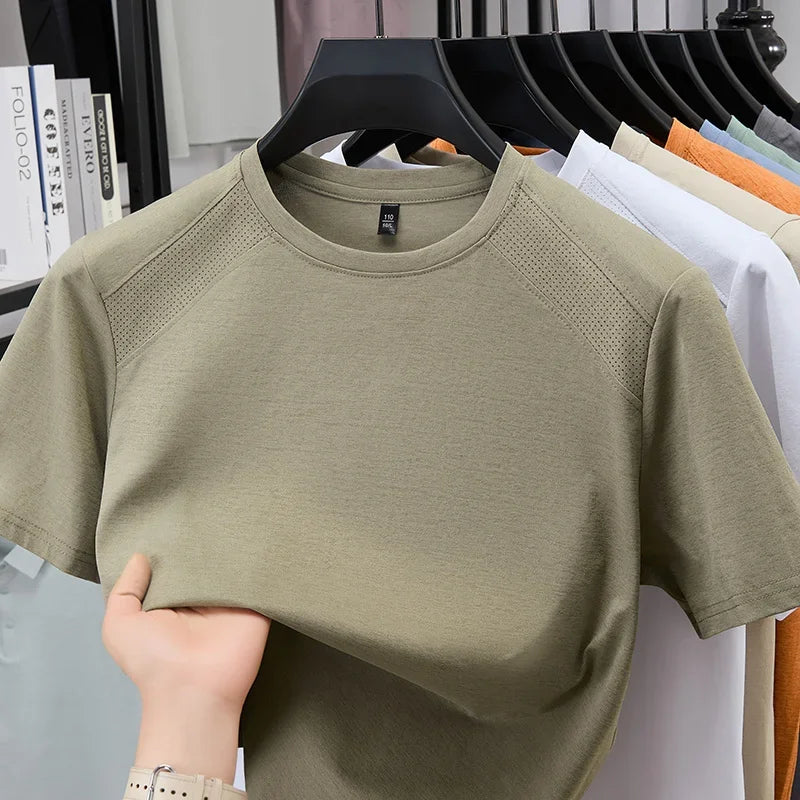 All Season Basic Solid Male Short Sleeve T Shirt Mesh Spliced Shoulder Home Rest Daily Commute Leisure Garment