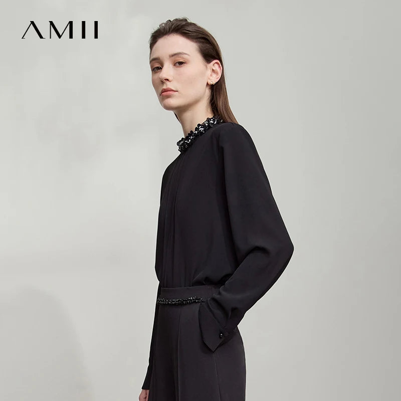អាវស្រី AMII ពណ៌ស រចនាប័ទ្មតិចតួចបំផុត រដូវស្លឹកឈើជ្រុះ ឆ្នាំ២០២៥ អាវស្រីបែបបារាំង កអាវរលុង ឆើតឆាយ អាវក្រណាត់ chiffon សម្រាប់នារីការិយាល័យ 12523053