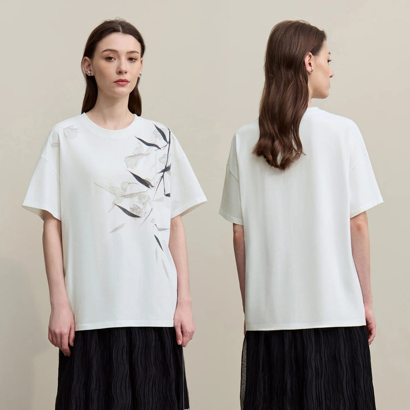 Amii Women's T-Shirt 2026 Summer New Chinese Print O-Neck Drop Shoulder Stretch Tops Cotton Loose Fit Short Sleeve Tee 12652009