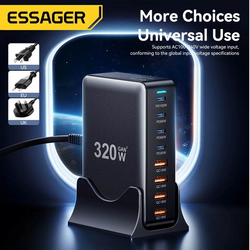 ឆ្នាំងសាក Essager 320W GaN 8 រន្ធ USB ប្រភេទ C ស្ថានីយសាកថ្មលើតុ PD 100W សាកថ្មលឿនសម្រាប់ iPhone 17 16 15 iPad MacBook កុំព្យូទ័រយួរដៃ